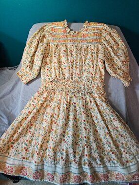 Cleobella Organic Cotton Woodblock Floral Tassel Smocked Midi Dress - Large